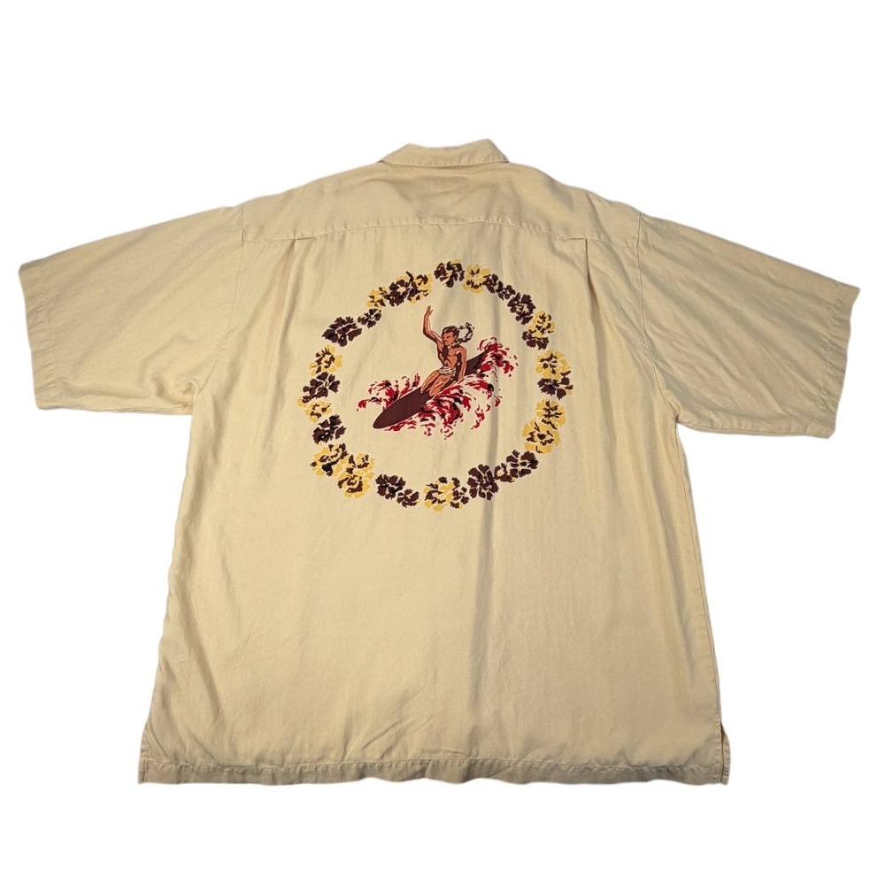 VTG Kahala Mens XL Silk Hawaiian Shirt Tan Embroidered Surfer Herringbone Aloha